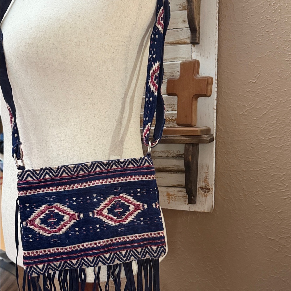 Raj L.A. Navy and Red Fringe Crossbody Bag